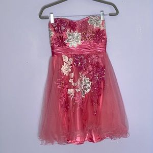 Strapless hot pink short formal dress with embroidered sequin + beaded flowers